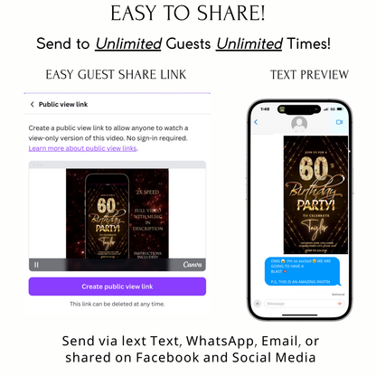 Editable gold glitter 60th birthday birthday video invitation displayed on a mobile phone, featuring an animated vertical digital invite with music, created in Canva. This premium video invitation template is designed for sharing by text, email, and social media and works with an interactive RSVP website for easy guest response tracking.