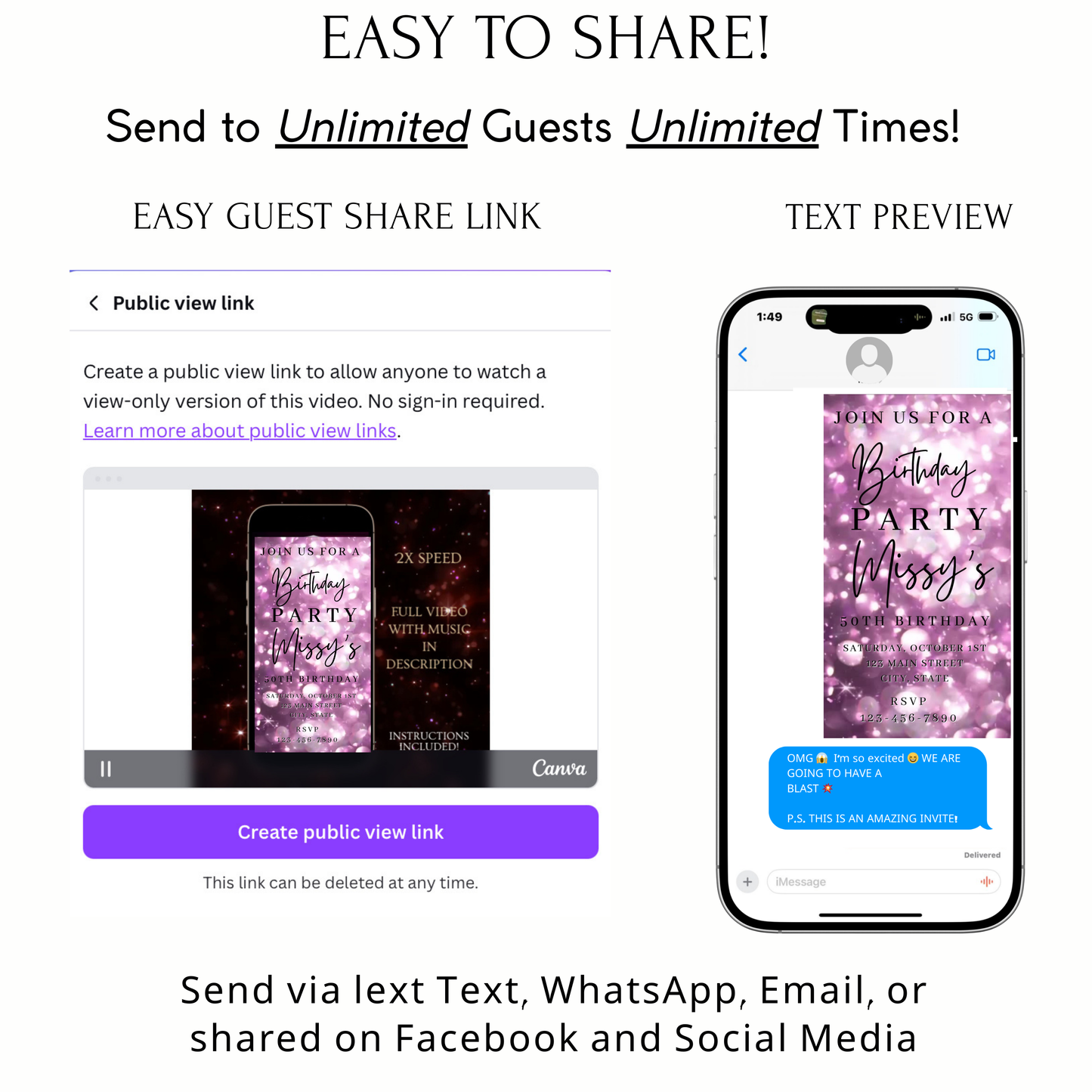 Editable lavender bokeh 50th birthday birthday video invitation displayed on a mobile phone, featuring an animated vertical digital invite with music, created in Canva. This premium video invitation template is designed for sharing by text, email, and social media and works with an interactive RSVP website for easy guest response tracking.