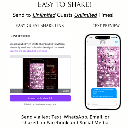 Editable lavender bokeh 50th birthday birthday video invitation displayed on a mobile phone, featuring an animated vertical digital invite with music, created in Canva. This premium video invitation template is designed for sharing by text, email, and social media and works with an interactive RSVP website for easy guest response tracking.