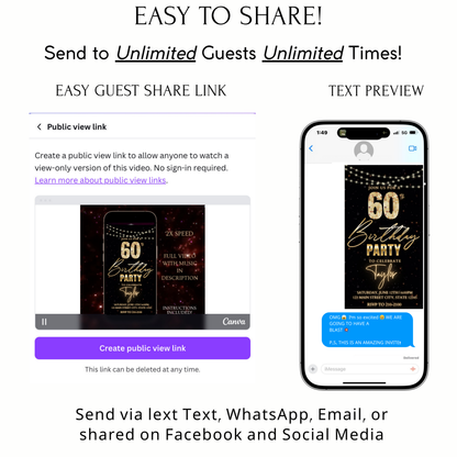 Editable black gold starry 60th birthday birthday video invitation displayed on a mobile phone, featuring an animated vertical digital invite with music, created in Canva. This premium video invitation template is designed for sharing by text, email, and social media and works with an interactive RSVP website for easy guest response tracking.