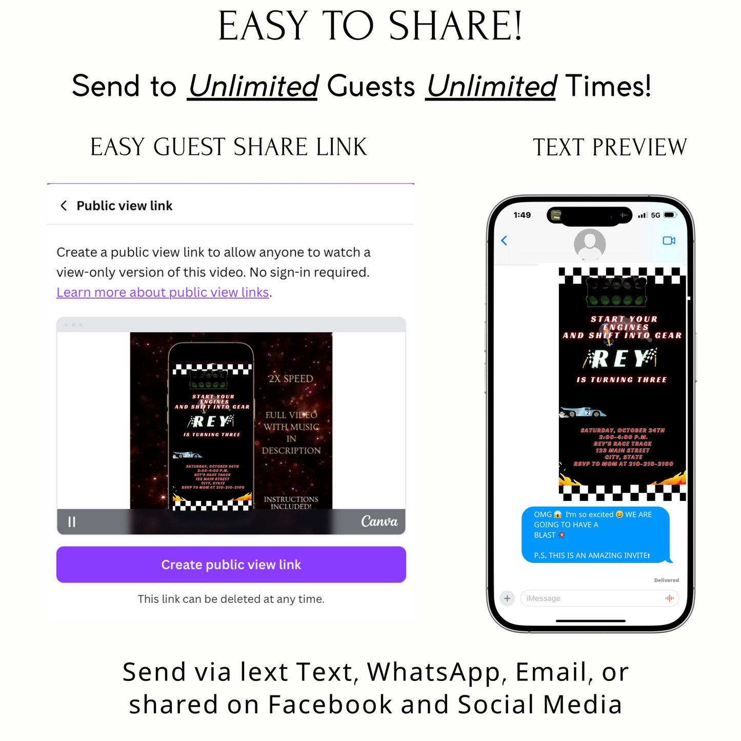 Editable race car birthday birthday video invitation displayed on a mobile phone, featuring an animated vertical digital invite with music, created in Canva. This premium video invitation template is designed for sharing by text, email, and social media and works with an interactive RSVP website for easy guest response tracking.