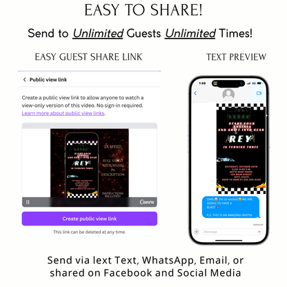 Editable race car birthday birthday video invitation displayed on a mobile phone, featuring an animated vertical digital invite with music, created in Canva. This premium video invitation template is designed for sharing by text, email, and social media and works with an interactive RSVP website for easy guest response tracking.