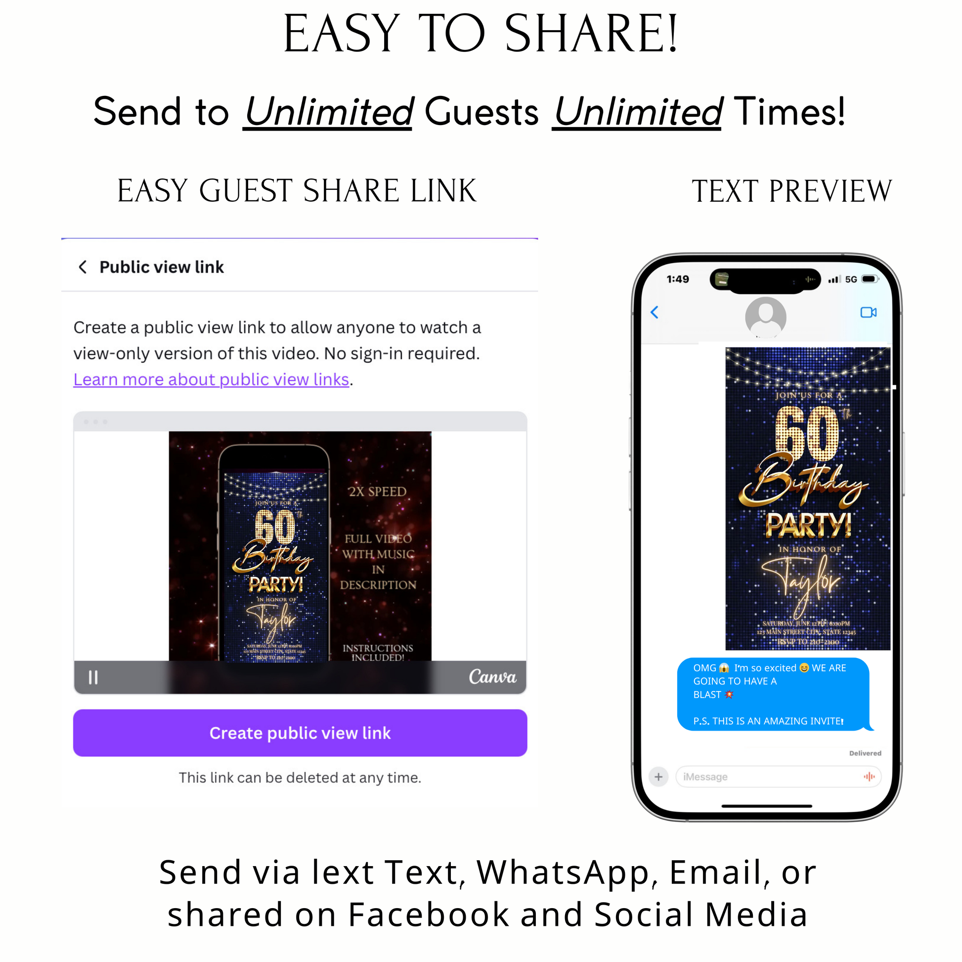 Editable navy sequin gold 60th birthday birthday video invitation displayed on a mobile phone, featuring an animated vertical digital invite with music, created in Canva. This premium video invitation template is designed for sharing by text, email, and social media and works with an interactive RSVP website for easy guest response tracking.