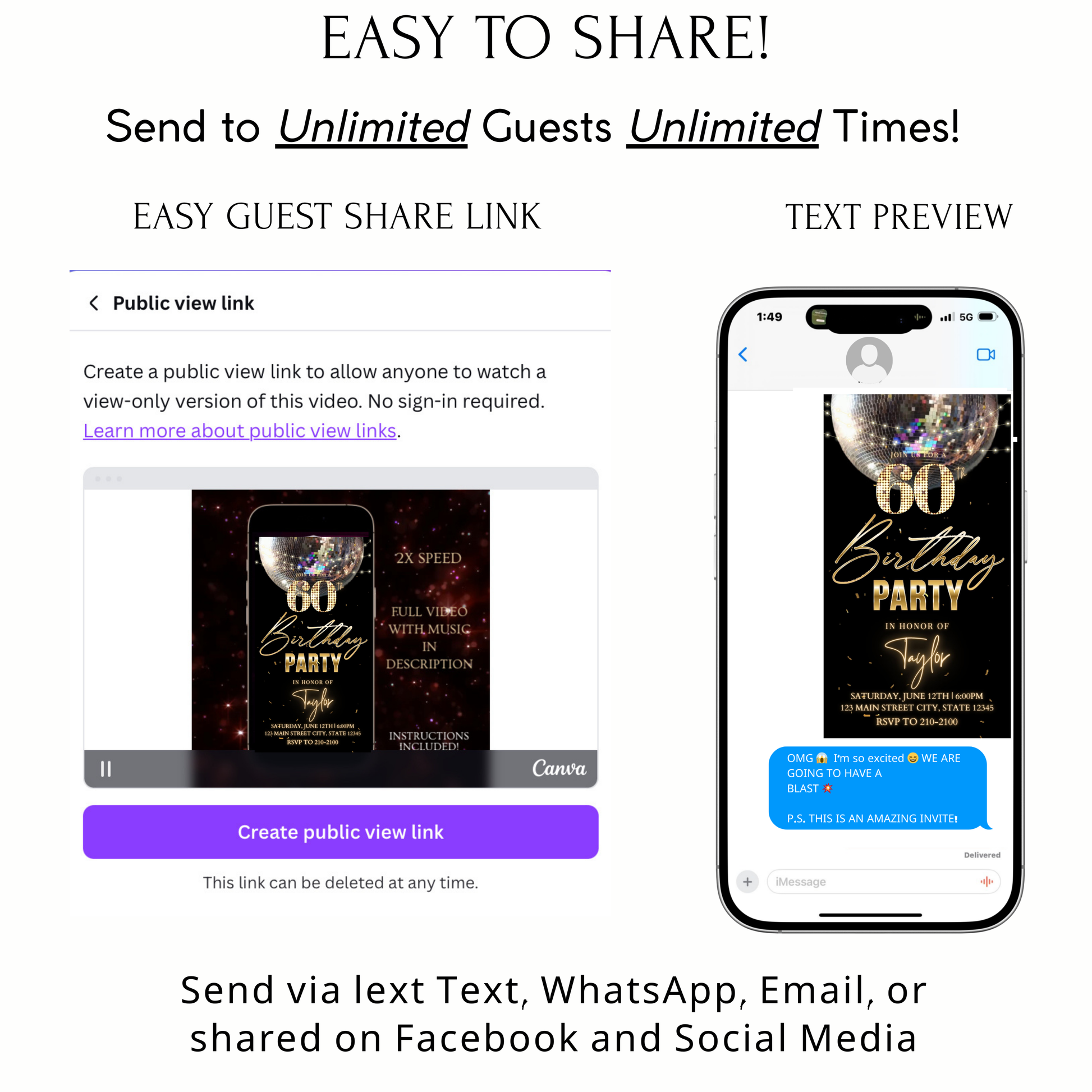 Editable black gold disco 60th birthday birthday video invitation displayed on a mobile phone, featuring an animated vertical digital invite with music, created in Canva. This premium video invitation template is designed for sharing by text, email, and social media and works with an interactive RSVP website for easy guest response tracking.