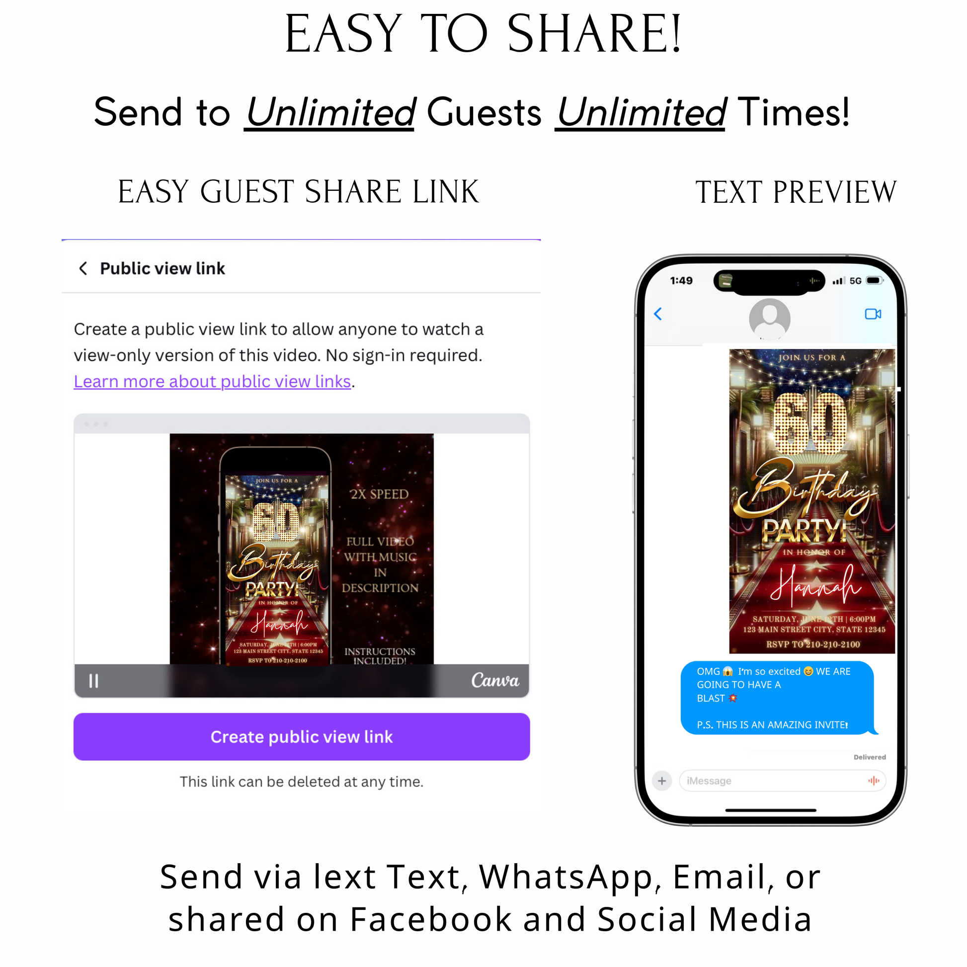 Editable hollywood red carpet 60th birthday birthday video invitation displayed on a mobile phone, featuring an animated vertical digital invite with music, created in Canva. This premium video invitation template is designed for sharing by text, email, and social media and works with an interactive RSVP website for easy guest response tracking.