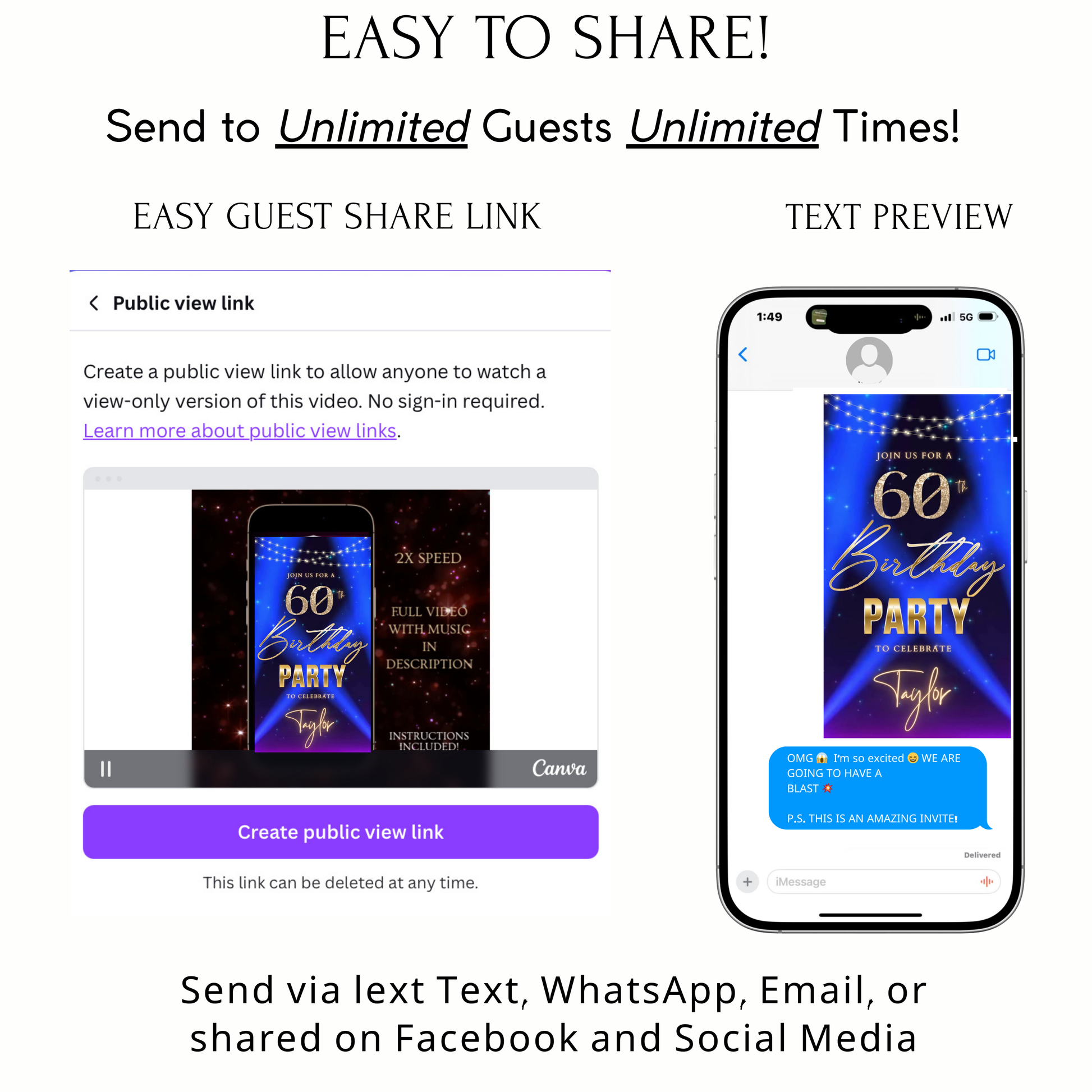 Editable blue purple spotlight 60th birthday birthday video invitation displayed on a mobile phone, featuring an animated vertical digital invite with music, created in Canva. This premium video invitation template is designed for sharing by text, email, and social media and works with an interactive RSVP website for easy guest response tracking.
