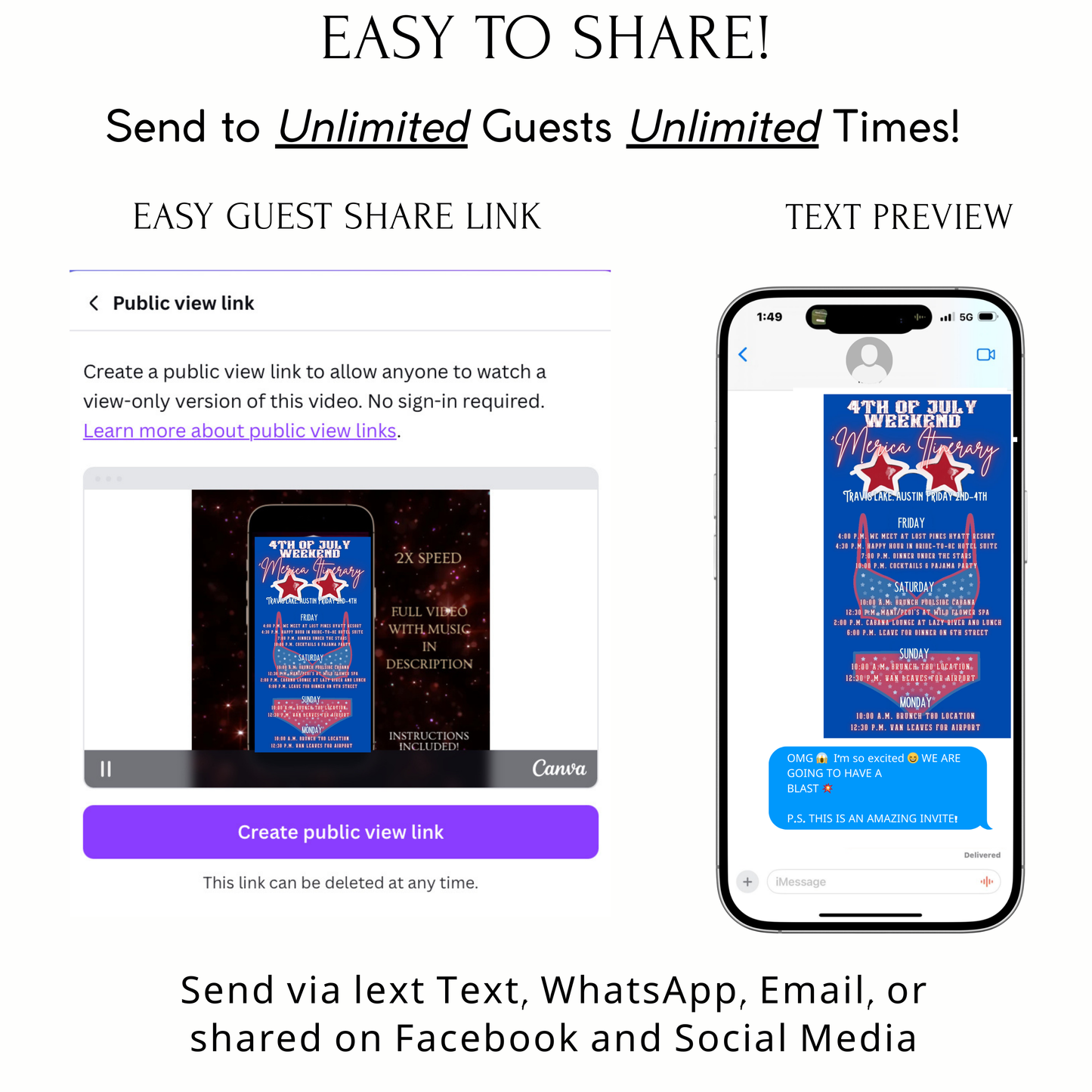 Editable patriotic 4th of july weekend party party video invitation displayed on a mobile phone, featuring an animated vertical digital invite with music, created in Canva. This premium video invitation template is designed for sharing by text, email, and social media and works with an interactive RSVP website for easy guest response tracking.