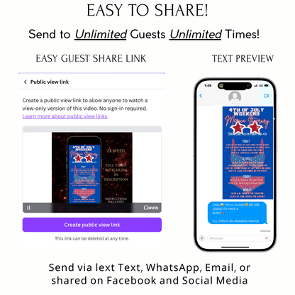 Editable patriotic 4th of july weekend party party video invitation displayed on a mobile phone, featuring an animated vertical digital invite with music, created in Canva. This premium video invitation template is designed for sharing by text, email, and social media and works with an interactive RSVP website for easy guest response tracking.