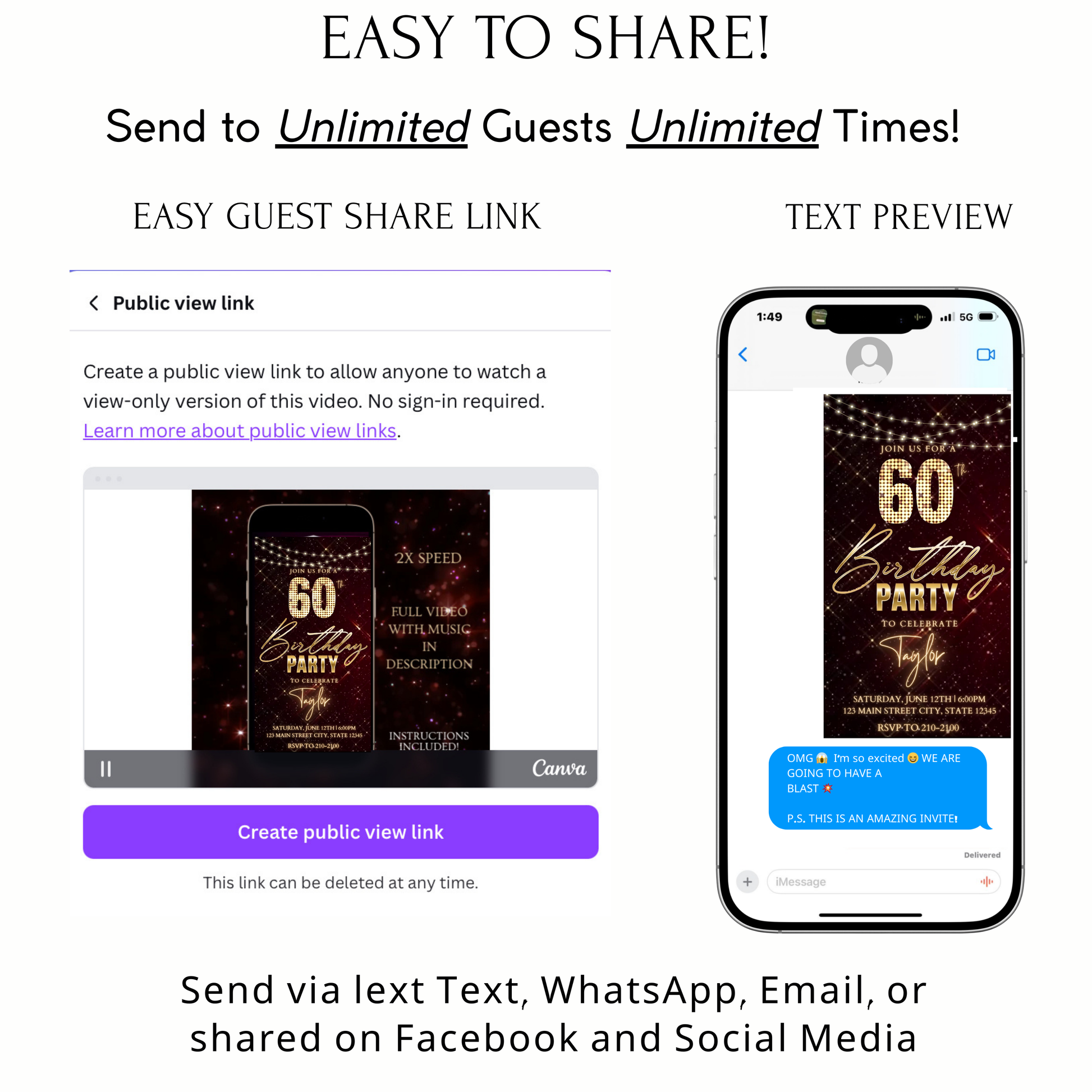 Editable maroon gold sparkle 60th birthday birthday video invitation displayed on a mobile phone, featuring an animated vertical digital invite with music, created in Canva. This premium video invitation template is designed for sharing by text, email, and social media and works with an interactive RSVP website for easy guest response tracking.