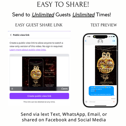 Editable gold disco ball 60th birthday birthday video invitation displayed on a mobile phone, featuring an animated vertical digital invite with music, created in Canva. This premium video invitation template is designed for sharing by text, email, and social media and works with an interactive RSVP website for easy guest response tracking.