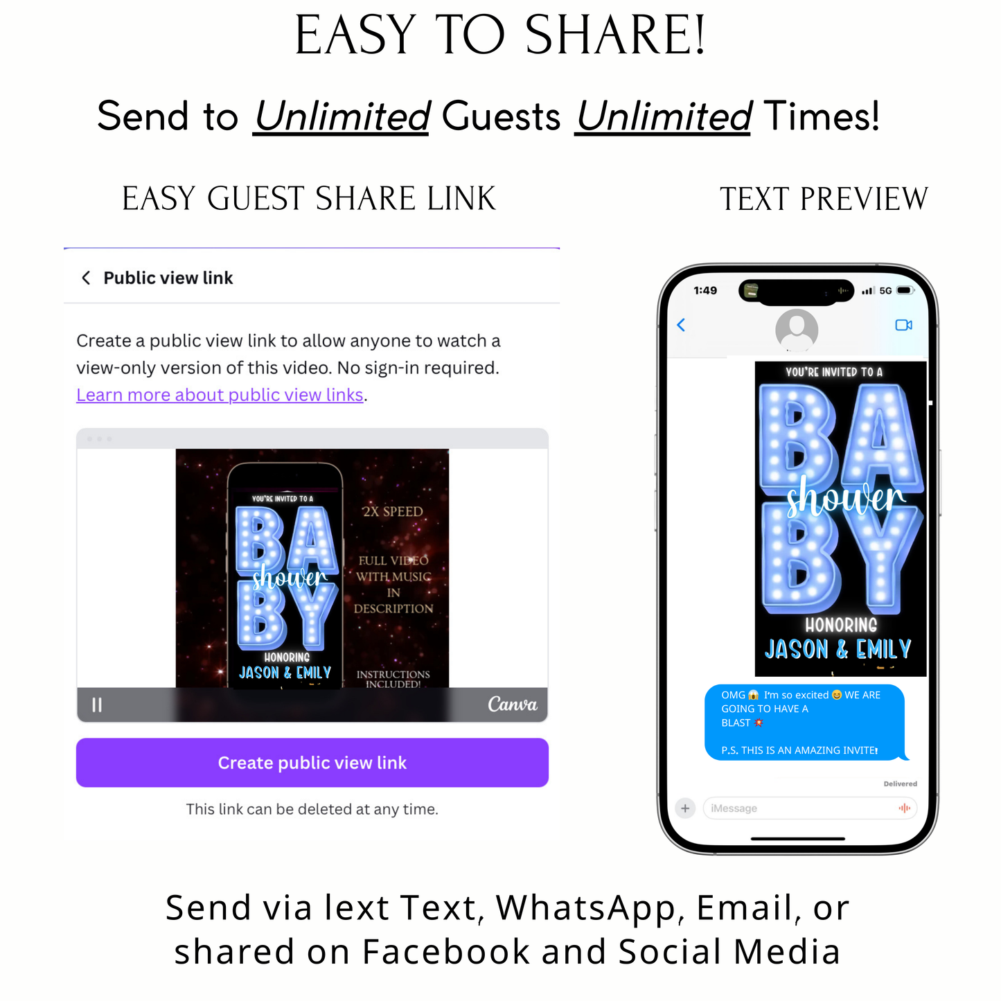 Editable blue marquee boy baby shower baby shower video invitation displayed on a mobile phone, featuring an animated vertical digital invite with music, created in Canva. This premium video invitation template is designed for sharing by text, email, and social media and works with an interactive RSVP website for easy guest response tracking.