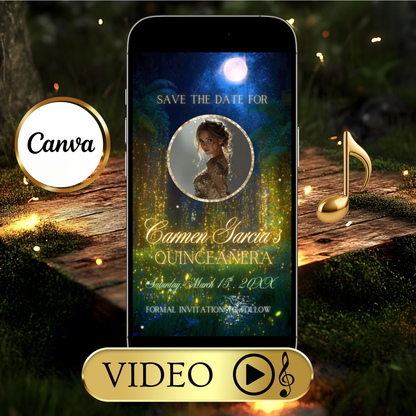 Enchanted Forest Quinceanera Video Invite | Animated Sweet 15 16 Save the Date Evite | Editable Canva Evite Template
