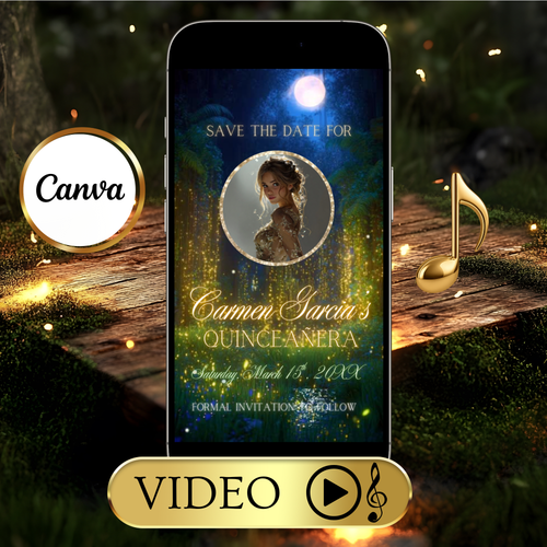 Enchanted Forest Quinceanera Video Invite | Animated Sweet 15 16 Save the Date Evite | Editable Canva Evite Template