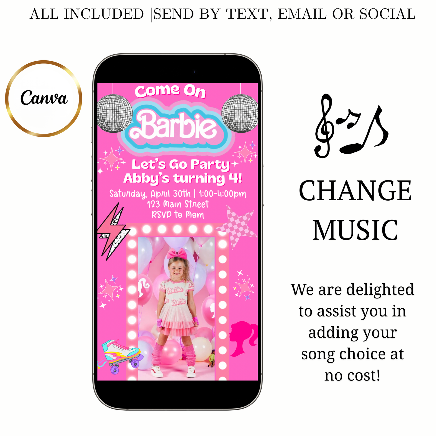 Editable Barbie Video Invitation | Animated Pink Barbie Digital Evite | Editable Canva Invite Template