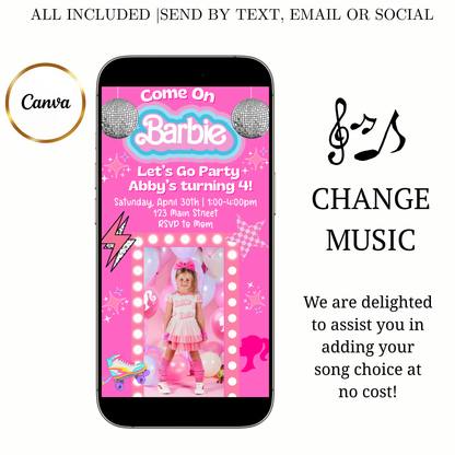 Editable Barbie Video Invitation | Animated Pink Barbie Digital Evite | Editable Canva Invite Template