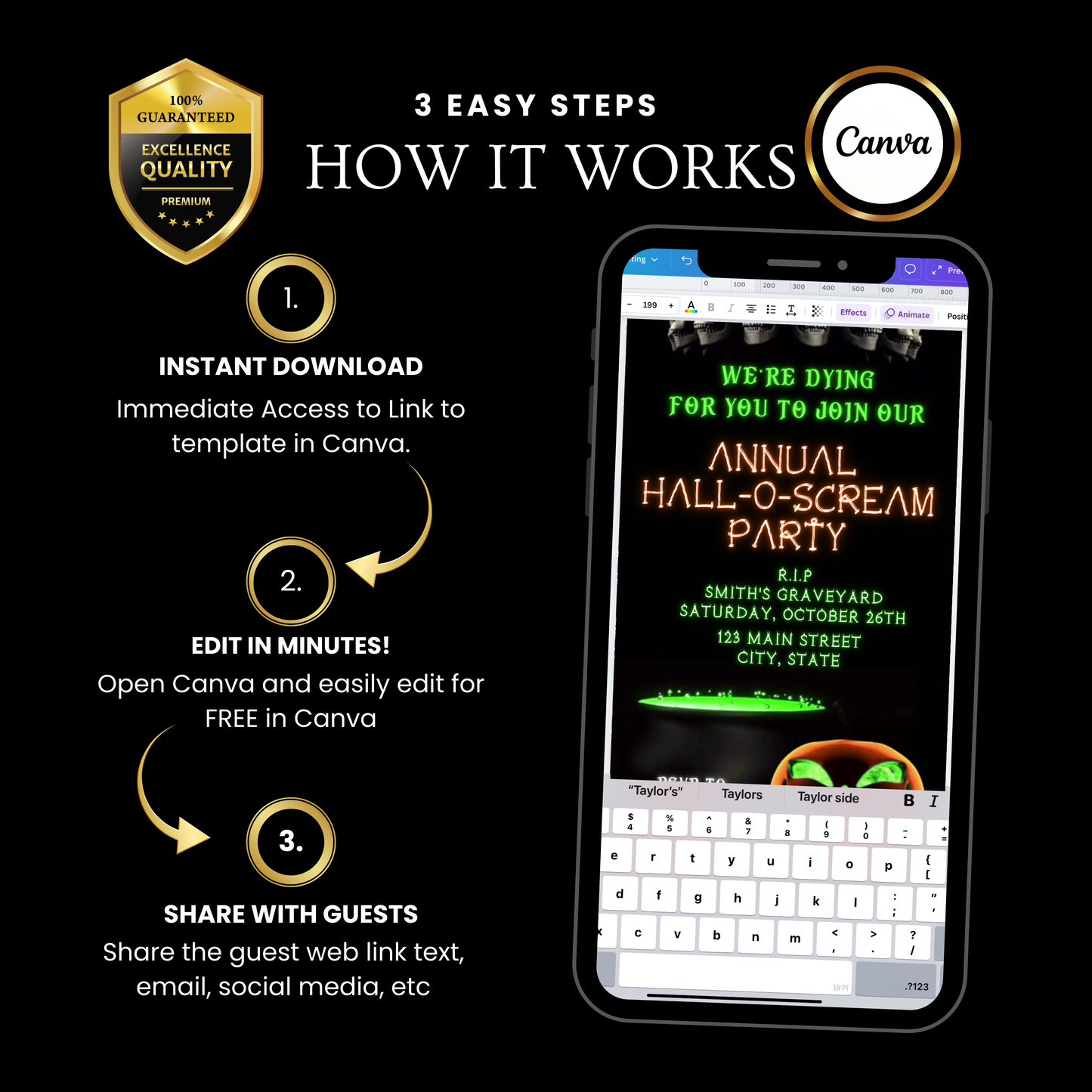Halloween-Videoeinladung, animierte Einladung mit Totenköpfen und Skeletten, bearbeitbare mobile Einladung zur Halloween-Party