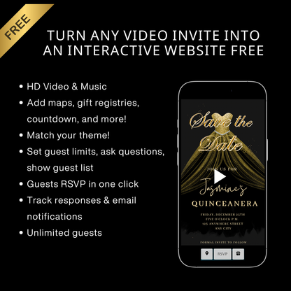 Gold Quinceañera Video Invite | Sweet 15 16 Quince RSVP Tracker | Editable Canva Evite Template
