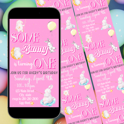 Easter Birthday Animated invitation | Pink Some Bunny Loves You Canva template