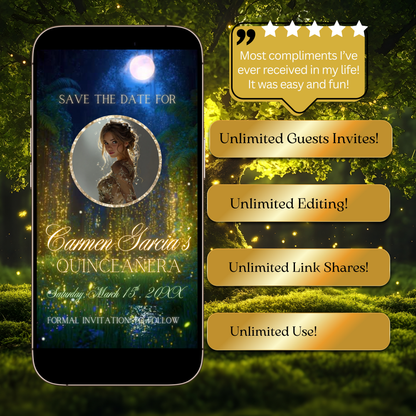 Enchanted Forest Quinceanera Video Invite | Animated Sweet 15 16 Save the Date Evite | Editable Canva Evite Template