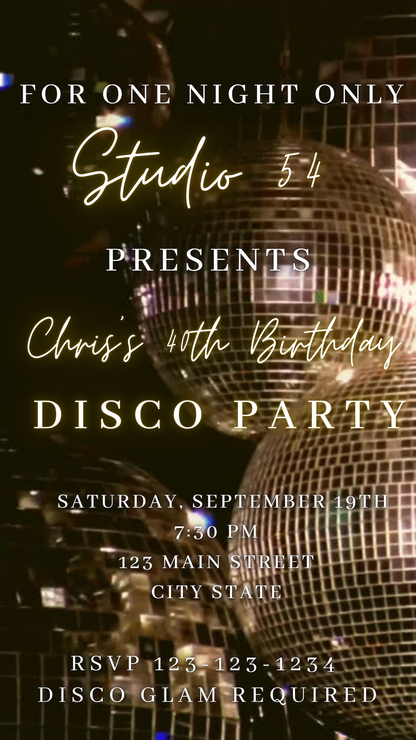 Online editable disco ball retro video party invite