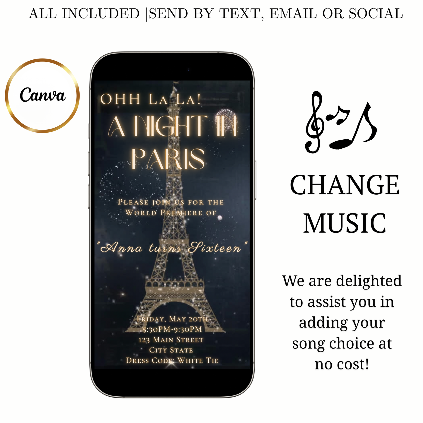 Paris Night Video Invitation| Editable Elegant Birthday Party Evite | Canva Template