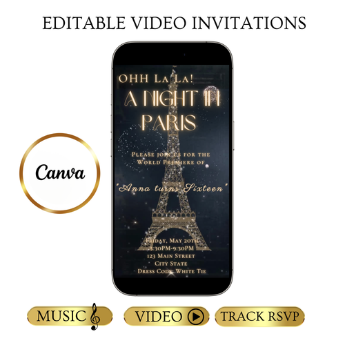 Paris Night Video Invitation| Editable Elegant Birthday Party Evite | Canva Template