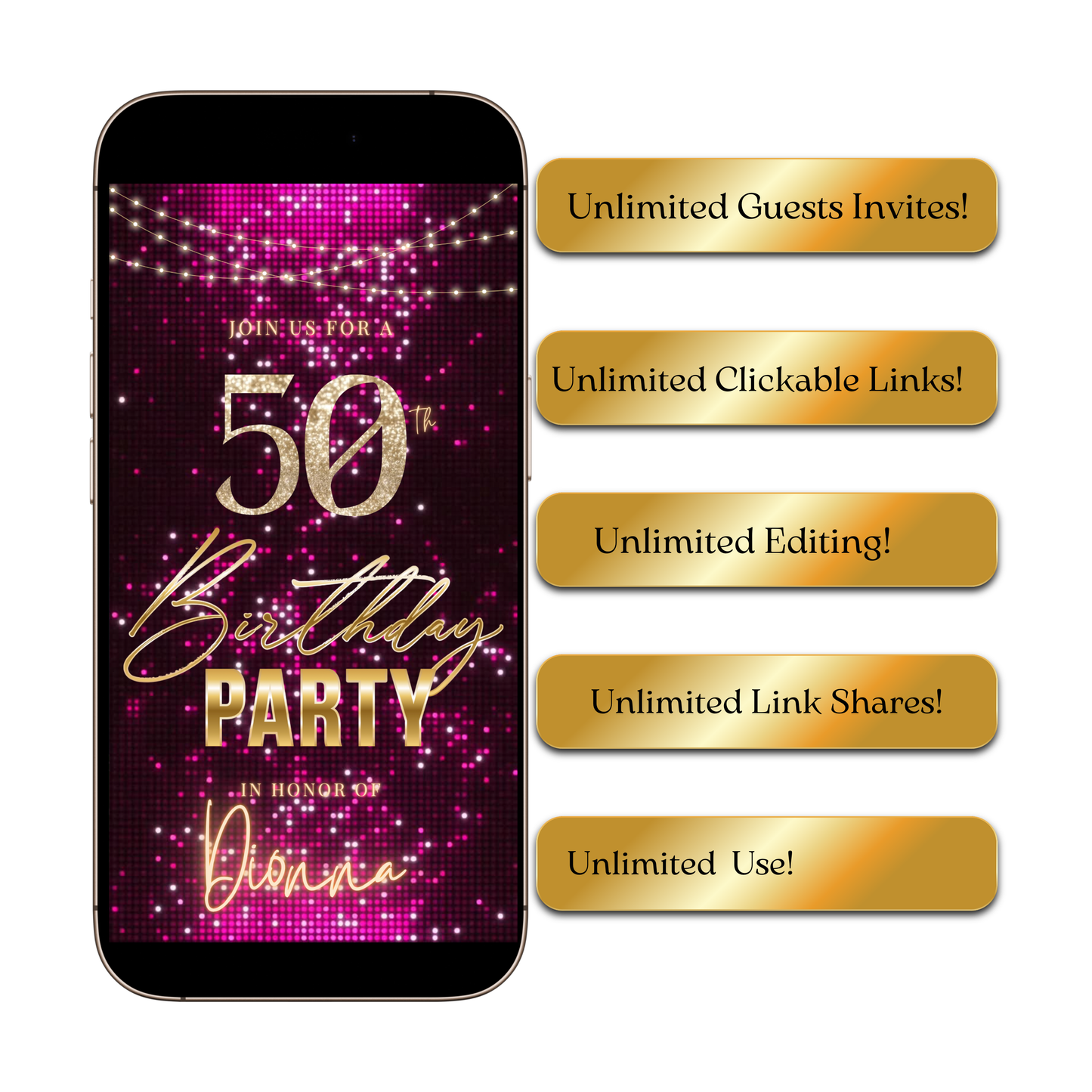 Violet and Gold 50th Birthday Video Invitation –  RSVP tracking website - Editable Canva Animated Invite