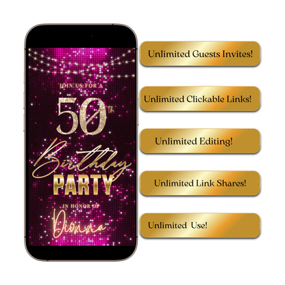 Violet and Gold 50th Birthday Video Invitation –  RSVP tracking website - Editable Canva Animated Invite
