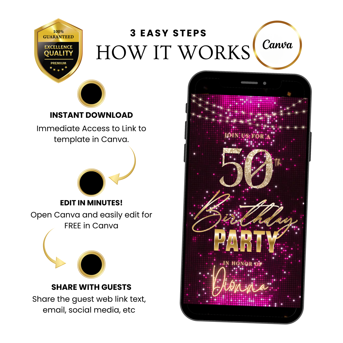 Violet and Gold 50th Birthday Video Invitation –  RSVP tracking website - Editable Canva Animated Invite