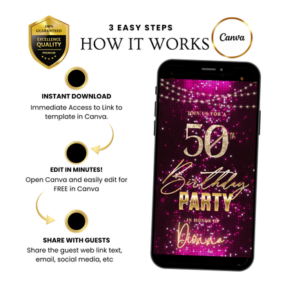 Violet and Gold 50th Birthday Video Invitation –  RSVP tracking website - Editable Canva Animated Invite