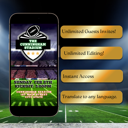 Super Bowl Video Invitation | Digital Football Game Day Invite | Editable Canva Template