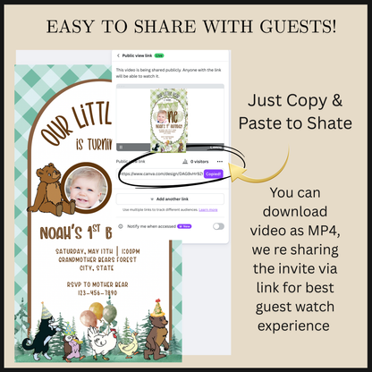 Little Bear Video Invitation, Teddy Bear Baby Shower Invite, First Birthday Bear Party Animated Invite, Editable Mobile Evite with Music & RSVP