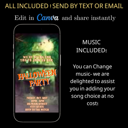 Halloween-Videoeinladung, animierte Einladung zum Spukhaus, bearbeitbare mobile Halloween-Partyeinladung