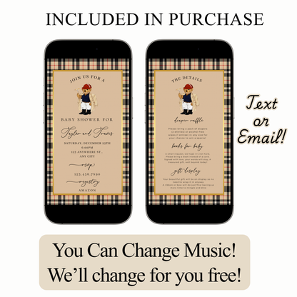 Polo Bear Baby Shower Video Invitation | Digital Burberry Plaid Invite | Editable Canva Template