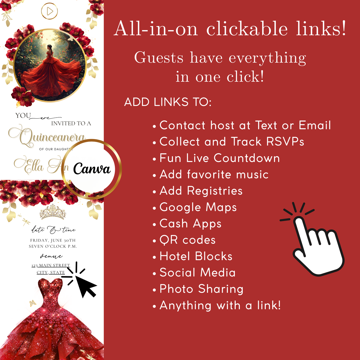 Red Quinceanera mini-Website RSVP tracker| Animated Sweet 15 16 Video Invitation | Canva Template
