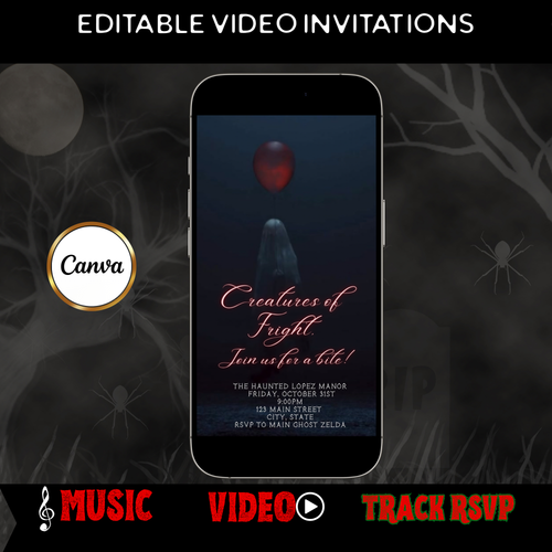 Halloween Video Invitation, Red Balloon It Animated Invite, Editable Halloween Party Mobile Evite