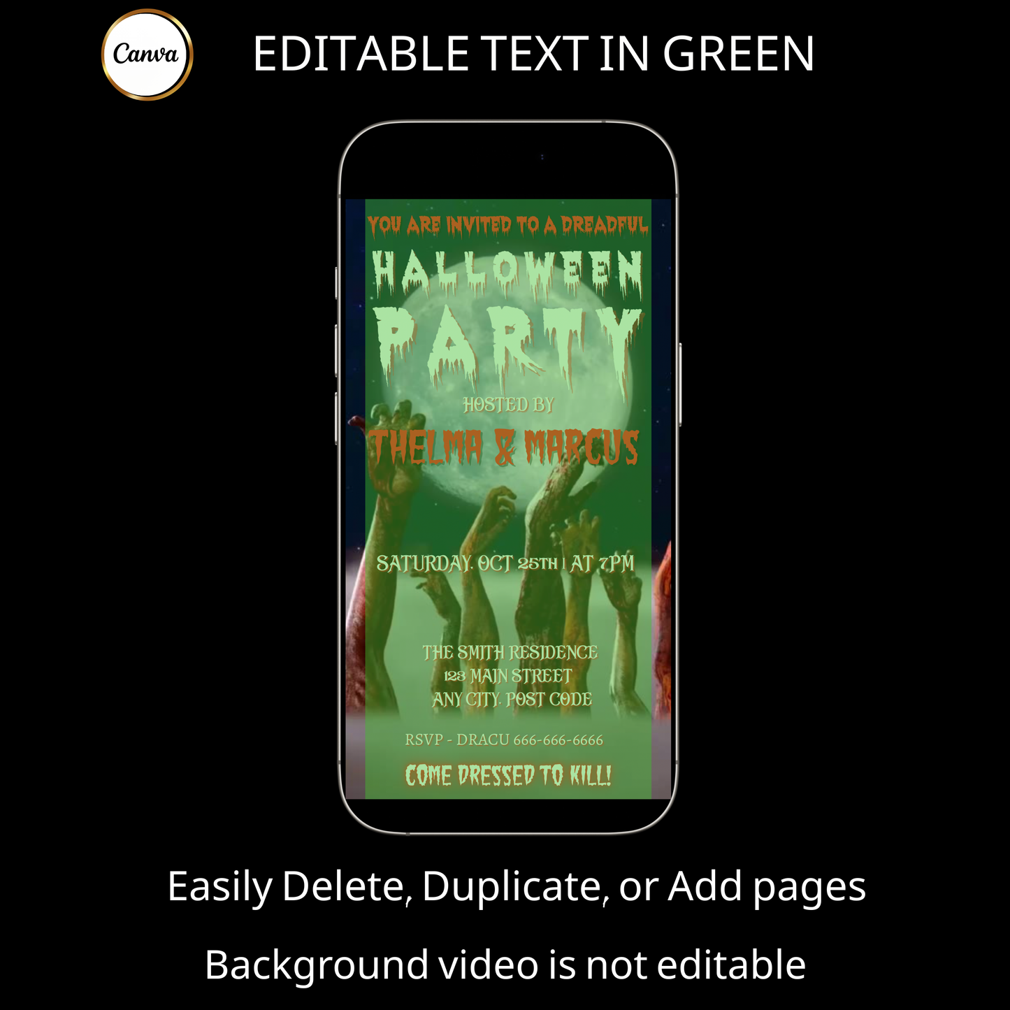Halloween-Videoeinladung, animierte Zombie-Einladung, bearbeitbare mobile Halloween-Party-Einladung