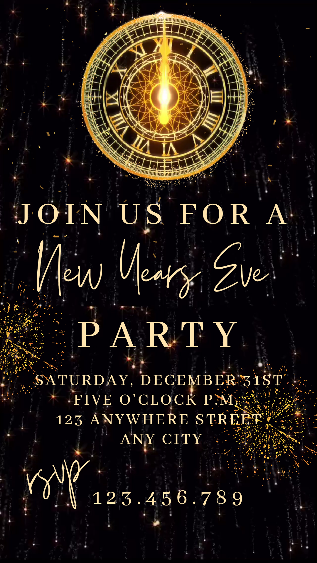 Online editable golden sparkle firework video party invite