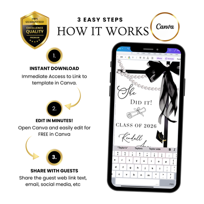 Graduation Party Video Invitation | White and Black Bow Graduation Invite for Her | Editable Online RSVP Evite Canva Template