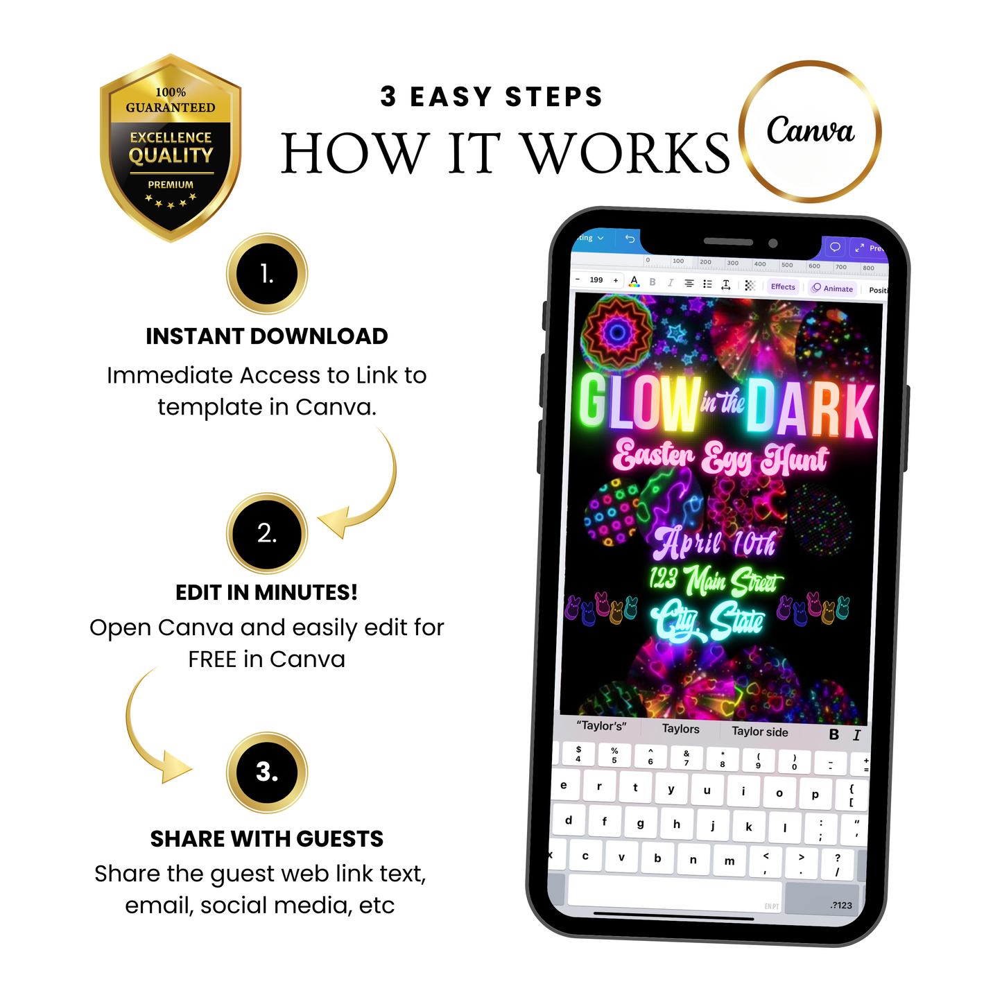 Easter Video Invitation, Neon Easter Egg Hunt Animated Invite, Digital Canva Template