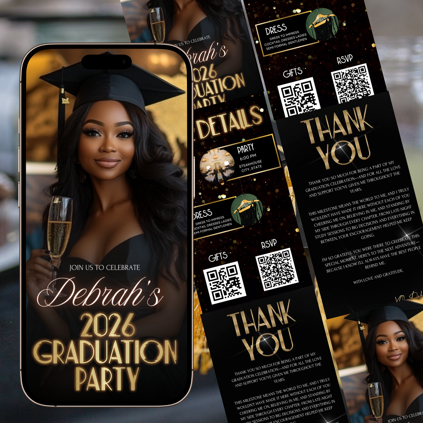 Elegante Videoeinladung zur Abschlussfeier in Schwarz und Gold | Digitale Einladung zur Abschlussfeier | Online-Vorlage zum Bearbeiten