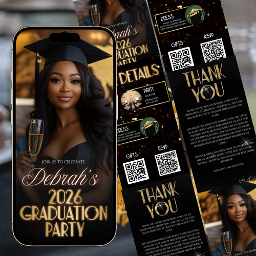 Elegante Videoeinladung zur Abschlussfeier in Schwarz und Gold | Digitale Einladung zur Abschlussfeier | Online-Vorlage zum Bearbeiten