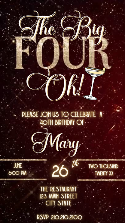 Elegant The Big Four-Oh 40th Birthday Video Invitation — Gold Glam Celebration Download