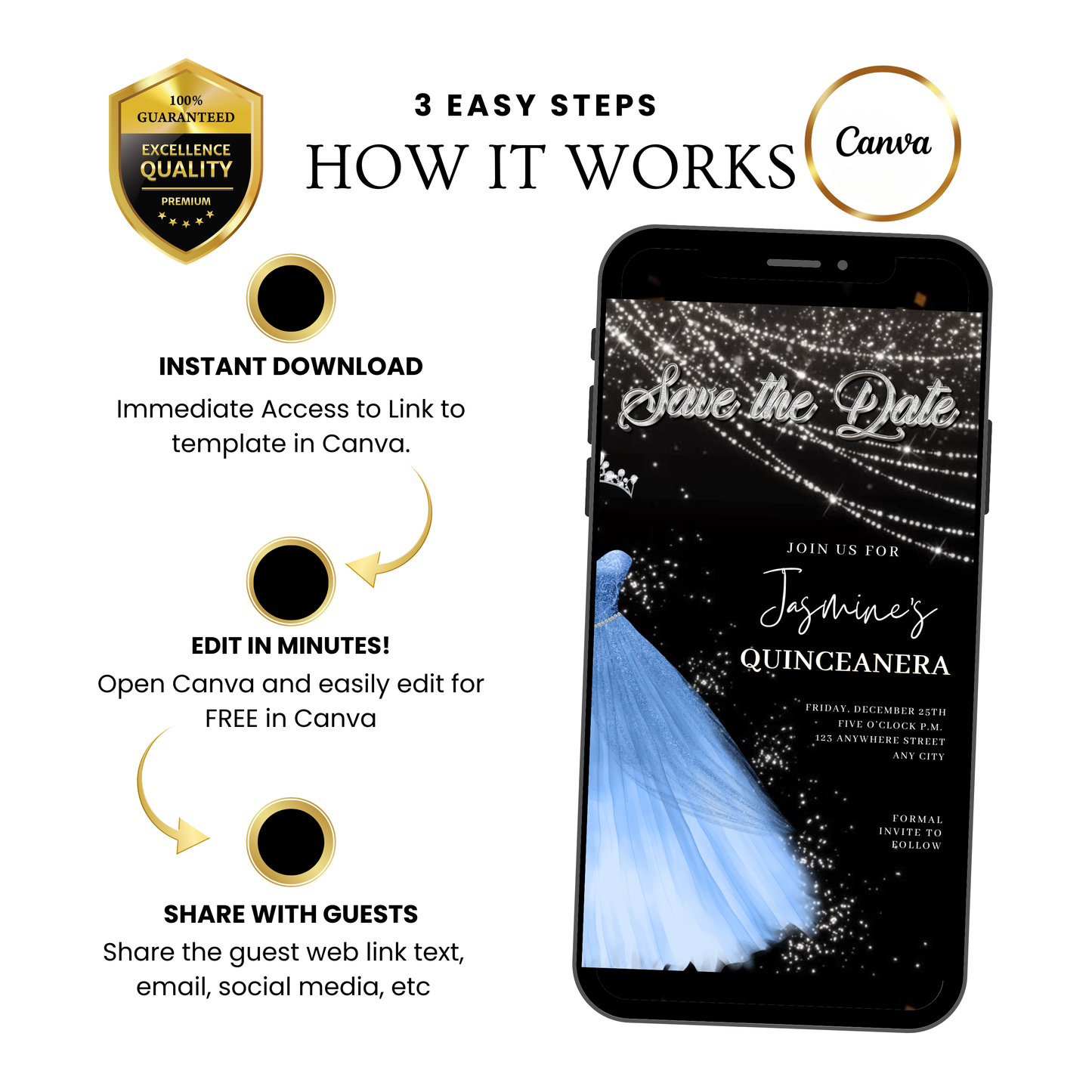 Baby Blue Quinceanera Video Invite | Sweet 15 16 Quince RSVP Tracker | Editable Canva Evite Template