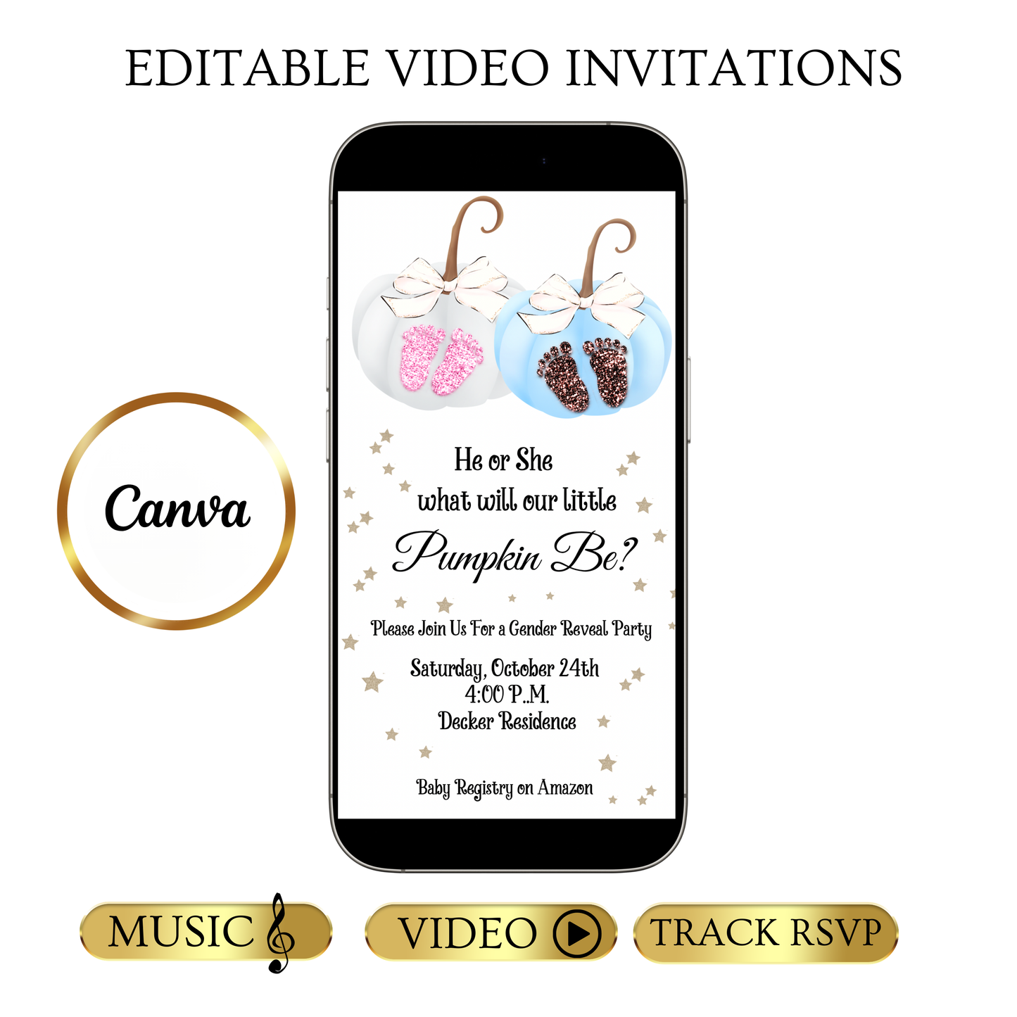 Fall Gender Reveal Video Invitation | Animated Gender Reveal Digital Evite | Editable Canva Invite Template