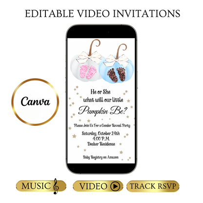 Fall Gender Reveal Video Invitation | Animated Gender Reveal Digital Evite | Editable Canva Invite Template