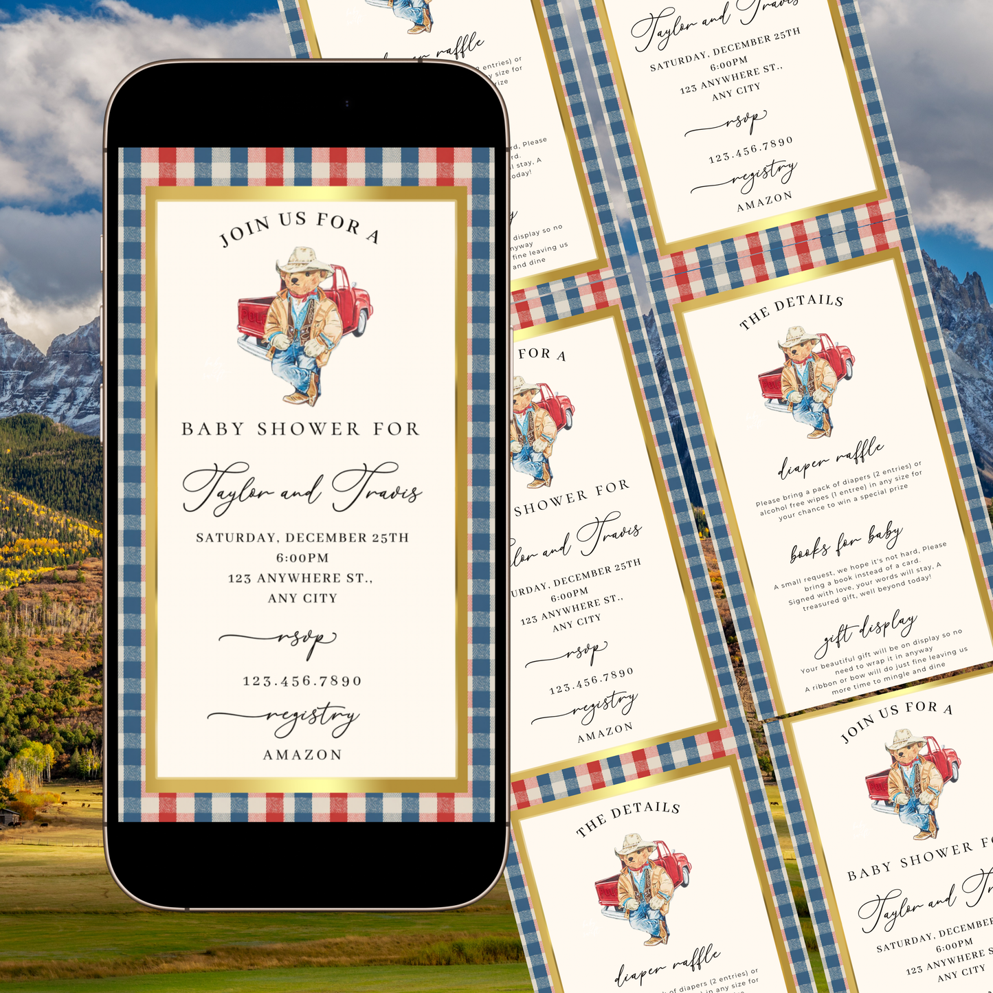 Western Polo Bear Baby Shower Video Invitation | Digital Preppy Plaid Invite | Editable Canva Template