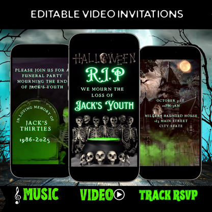 RIP Halloween-Videoeinladung, Tod meinen 20ern, 30ern und 40ern – animierte Einladung, bearbeitbare mobile Halloween-Party-Einladung