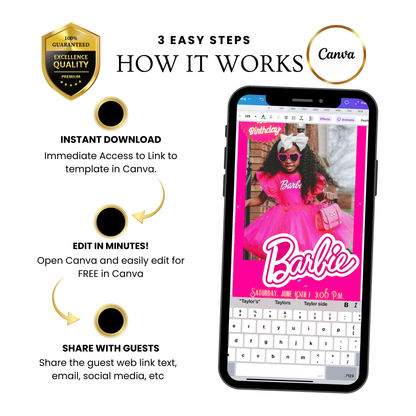 Editable Barbie Video Invitation | Animated Pink Barbie Digital Evite | Editable Canva Invite Template