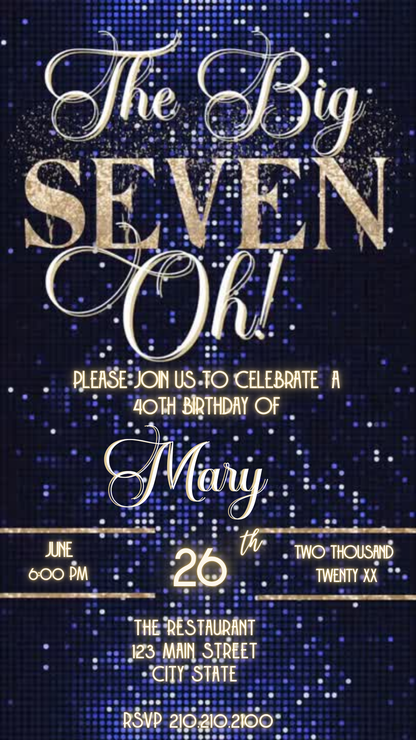 Luxe The Big Seven-Oh 70th Birthday Video Invitation — Navy & Gold Sparkle Download